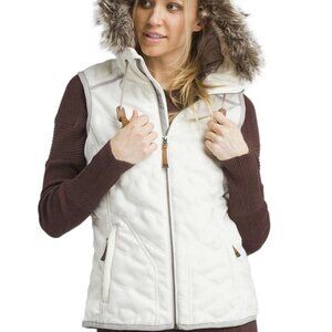 PRANA Calla Vest with Faux Fur Trim Hood, Cream, Size LARGE